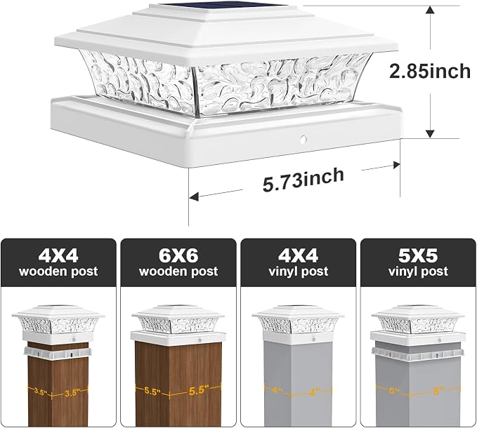 Solar Post Cap Lights Outdoor 6pack, Waterproof Solar Powered Deck Fence Post Lights Fit 4x4/5x5/6x6 Wood/Vinyl Posts, White Vinyl Fence Post lights with Warm/Cool White for garden, Patio, Porch, Deck
