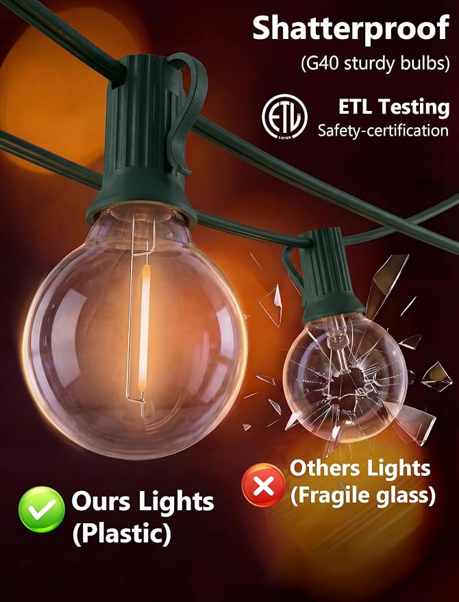 25FT LED Outdoor Christmas String Lights Waterproof, Hanging G40 Globe Patio Lights with 27 LED Shatterproof Warm White Bulbs, Outdoor Christmas Decorations Light for Wedding Party Backyard, Green