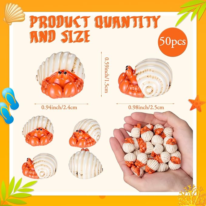 Geelin 50 Pcs Mini Hermit Crab Figurines Tiny Resin Sea Animal Realistic Ornament Decor for Fairy Gardens, Miniature Terrariums, Beach Theme Party Decorations, DIY Crafts
