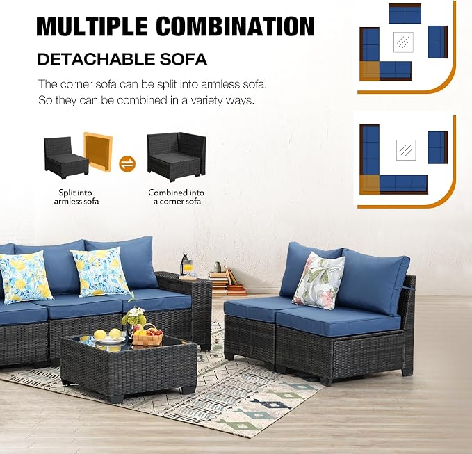 JOYURE 10 Pieces Patio Furniture Set All-Weather Outdoor Wicker Sectional Conversation Sofa Rattan Patio Seating Sofa with Cushion and Glass Table for Porch Poolside,Navy