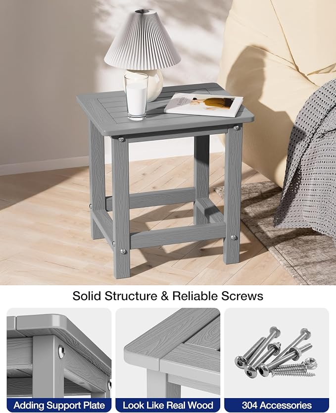 YEFU Outdoor Side Table for Patio: 16" HIPS Weather - Resistant Adirondack Tables Set of 2 - Small Square End Tables for Backyard Pool Porch Balcony - Indoor Outdoor Durable Table Grey