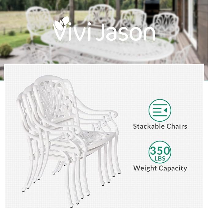 VIVIJASON 9-Piece Outdoor Furniture Dining Set, All-Weather Cast Aluminum Patio Conversation Set Include 8 Cushioned Chairs and an Oval Table with Umbrella Hole for Lawn Backyard (White/Green Cushion