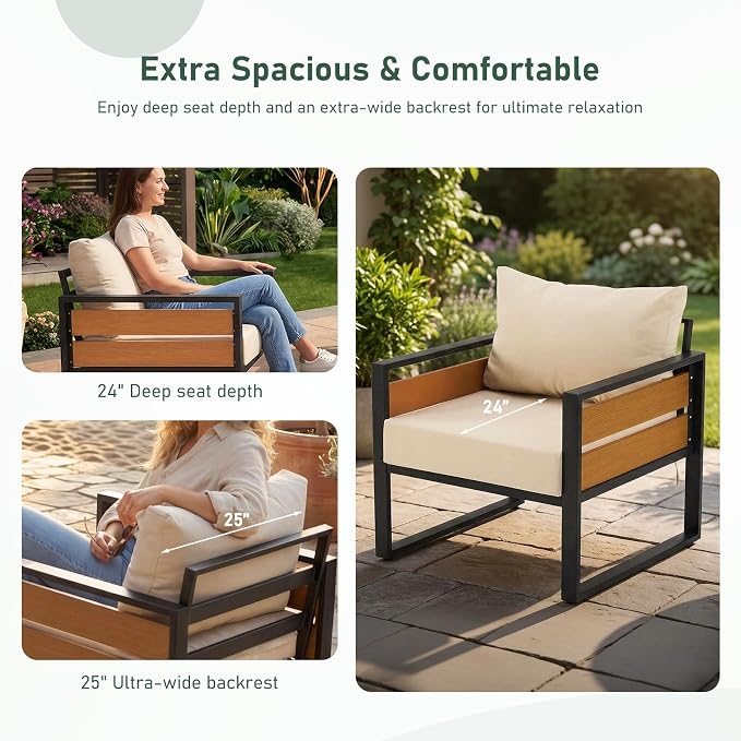 Furnimart Patio Furniture Set, 3-Piece Metal Outdoor Sectional, 2-Seat Patio Conversation Set with Deep Seating, Thick Cushions & Coffee Table for Backyard, Porch & Deck, Gray