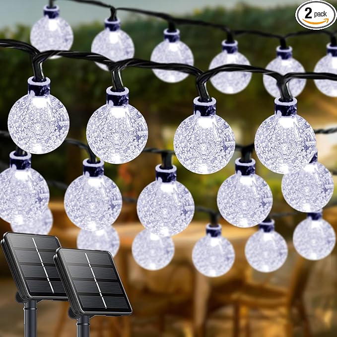 Solar String Lights Outdoor Waterproof 2 Pack 100 LED 64FT Patio Lights | White Crystal Globe, 8 Lighting Modes, Auto On/Off, Solar Powered String Light for Outside Yard Wedding Party Tree Decoration