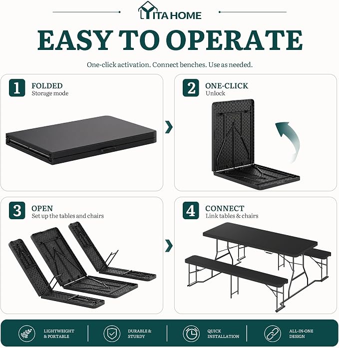 YITAHOME 6ft Folding Picnic Table with Benches, Heavy Duty 6 ft Picnic Tables for Outdoors, Portable Outdoor Table with Center Lock & Non-Slip Feet for Backyard, Camping, Beach, Black