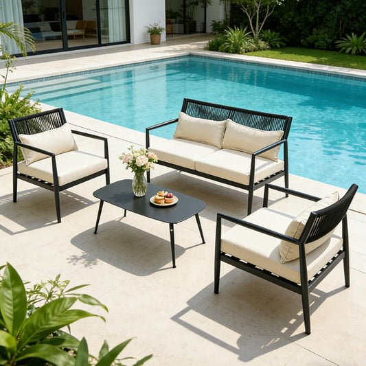 Outdoor Patio Furniture Set, 4 Seats Outdoor Sectional with Coffee Table, Patio Conversation Sets with PE Rope, Outdoor Sectional Sofa with Thick Cushions for Balcony, Porch (Black)