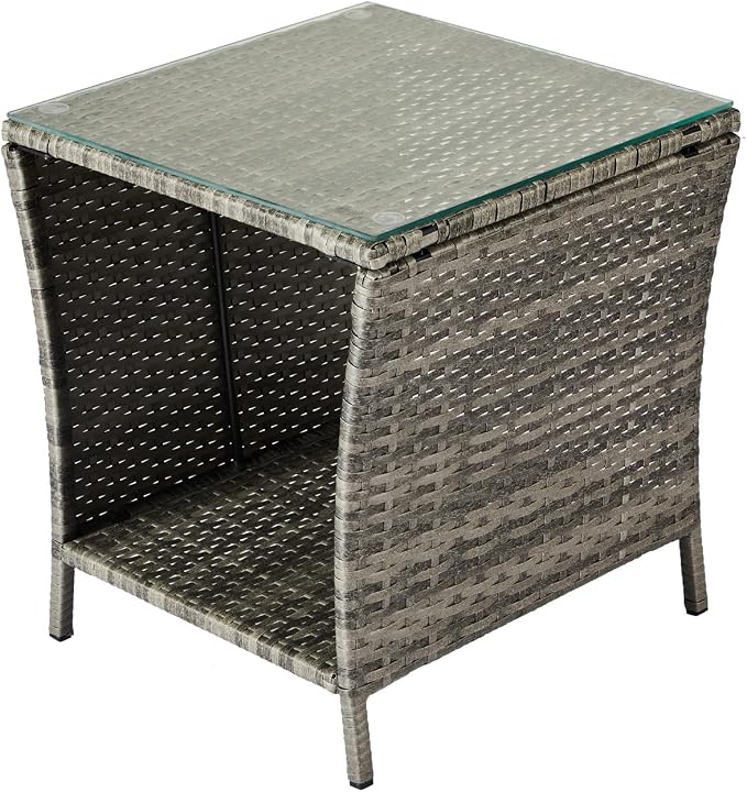 Wicker Rattan Side Table, Outdoor Square Rattan Coffee Table End Table Patio Wicker Table with Tempered Glass Top and Storage for Garden Porch Deck Backyard (Gray)