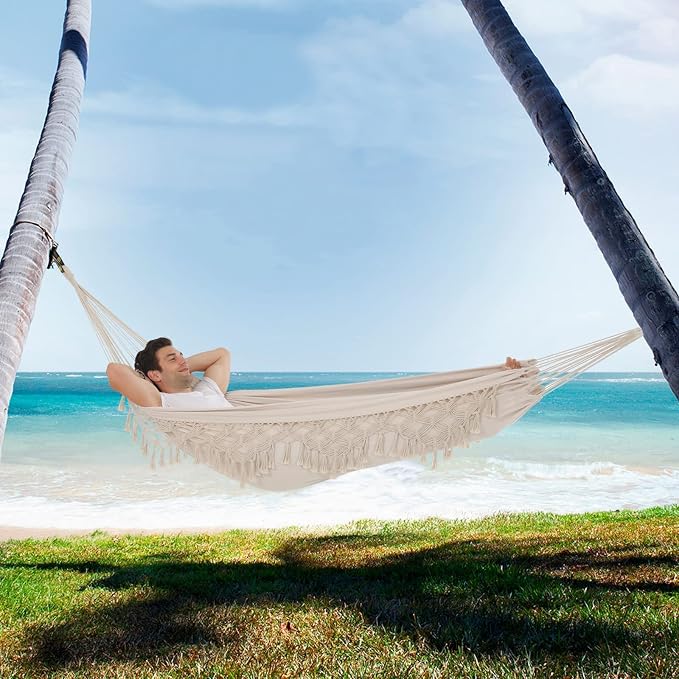 Hammock Hanging Swing Double Max 500lbs Macrame for Indoor Outdoor Patio Yard Garden (Beige)