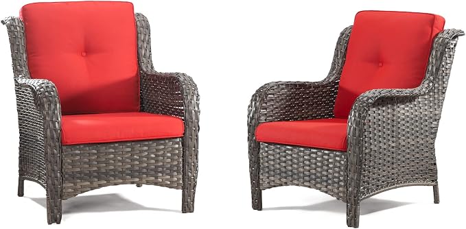 Wicker Chair Set 6 Pieces - Outdoor Wicker Patio Furniture Set with 4 Armchairs and 2 Ottomans, Olefin Cushions Included(Mixed Grey/Red)