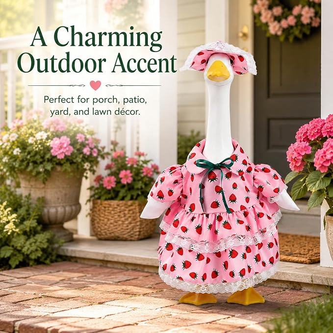 Spring Summer Porch Goose Outfit, Pink Strawberry Goose Costume for 23 Inch Goose Statue, with Lace Trim and Matching Hat, Spring Summer Outdoor Yard Lawn Patio Decor