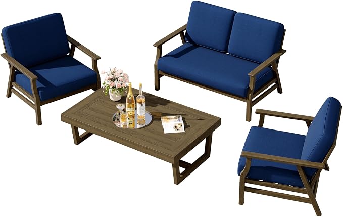 4 Pieces Patio Furniture Sets, Teak Wood Outdoor Sectional Furniture with Coffee Table, 4 Seats Patio Sofa Couch Conversation Set for Backyard Deck - Navy