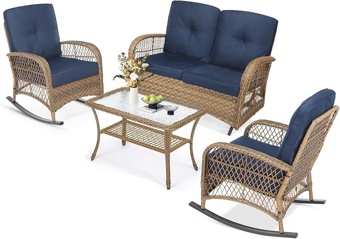 MEETWARM 4 Pieces Outdoor Wicker Patio Conversation Sets with Glider Loveseat, 2 Chairs with Glass-Top Coffee Table Rocking Chair Set, Wicker Conversation Set w/Thickened Cushions, Navy Blue