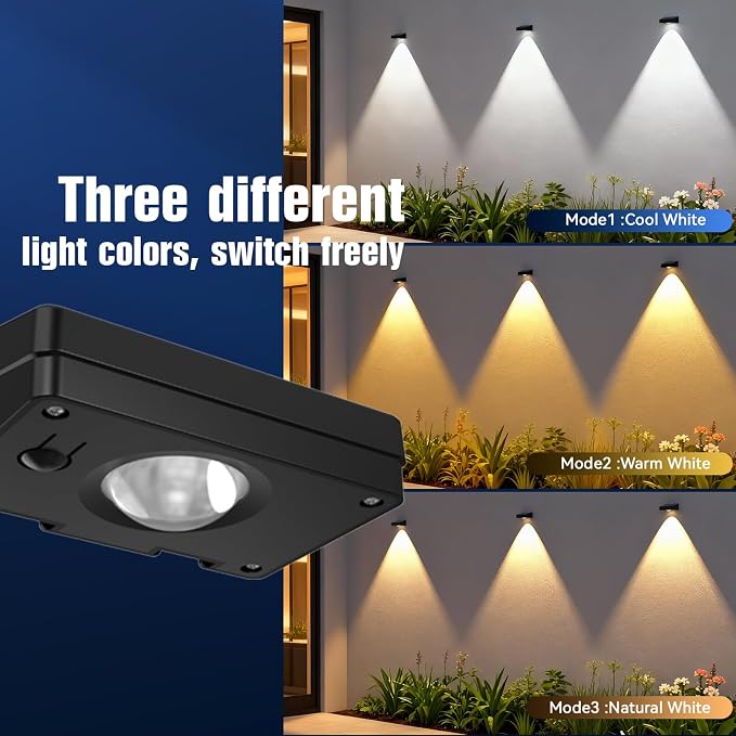 Solar Lights Outdoor,3-Color Solar Lights Outdoor Waterproof | Solar Fence Lights, Auto On/Off, Ip44 Abs Material,30h Runtime No Wiring Needed,Suitable for Gardens,Paths,Fences,Steps.(6P)