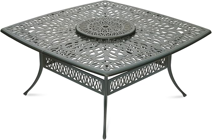 VIVIJASON Outdoor 64" Patio Dining Table for 8 Person, Large Square Dining Table with 24" Lazy Susan, Dark Bronze Cast Aluminum Rustic Patio Table W/Umbrella Hole for Balcony, Porch and Deck