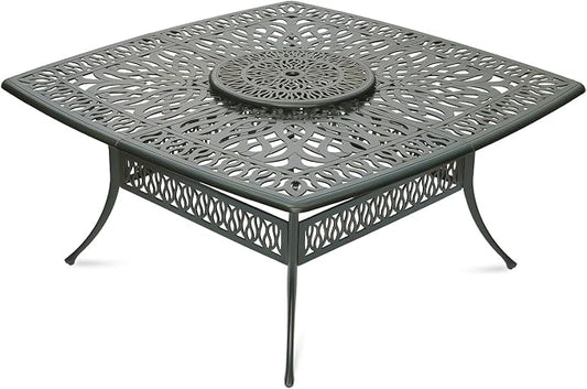 VIVIJASON Outdoor 64" Patio Dining Table for 8 Person, Large Square Dining Table with 24" Lazy Susan, Dark Bronze Cast Aluminum Rustic Patio Table W/Umbrella Hole for Balcony, Porch and Deck