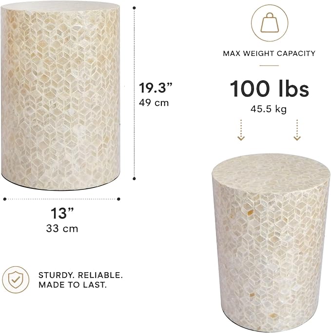 PEMAR Capiz Shell Cylinder Drum End Table Nacre Side Table Stool Round Drum Accent Coffee Bedside Nightstand and Vanity Stool, 13" Diameter x 19.3" High, White Cream