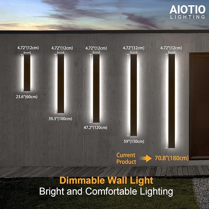 AioTio 70.8in 2pcs Outdoor Wall Lights, Upgraded 4.72in Wide Black Exterior Light Fixtures Wall Mount, Waterproof Modern Porch Light,Dimmable Long Strip LED Linear Outdoor Sconces Lighting for House