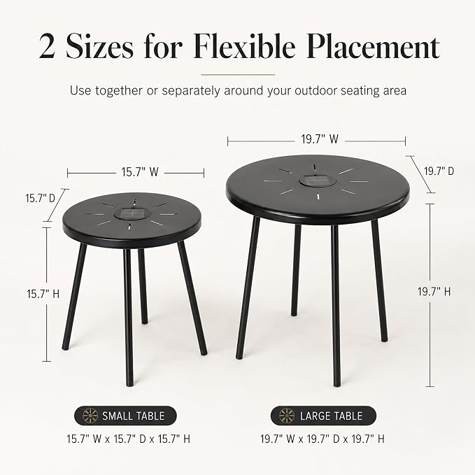Solar Outdoor Side Table Set of 2 with Warm LED Light, Round Metal Patio End Tables, IP44 Water-Resistant Stackable Accent Tables for Balcony Porch Garden Poolside, Black