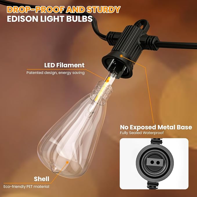 Kawaya Outdoor String Lights for Patio - ST38 Outside IP65 Waterproof Hanging Light with 2700k~6000k Dimmable - 100FT Led Edison Lights for Cafe Bistro Yard Gazebo Porch