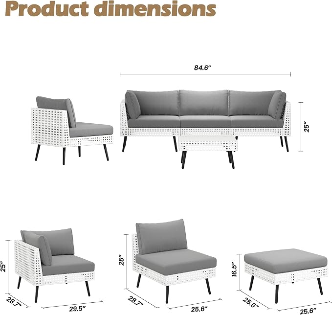 Vikiullf 5-Pieces Patio Sectional Sofa Set, White Wicker Outdoor Furniture with 4" High-Density Cushions, Deep Seating Conversation Set with Coffee Table, for Backyard, Poolside, Garden