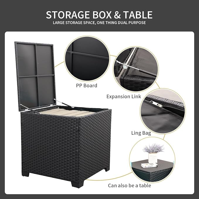 4-Piece Outdoor Patio Furniture Set with Black PE Wicker Rattan Sectional Loveseat Couch, Conversation Sofa with Storage Box, Glass Top Coffee Table, Non-Slip Cushions for Backyard and Garden