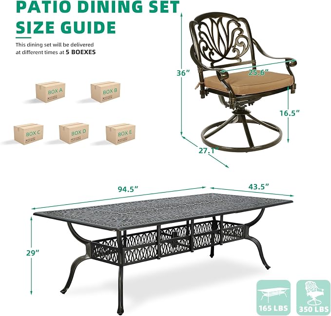 VIVIJASON 9-Piece Outdoor Dining Set, Cast Aluminum Retro Patio Furniture Table and Chairs Set for 8, Include 94.5" Rectangular Table and 8 Swivel Rocker Chairs with Umbrella Hole, Khaki Cushion