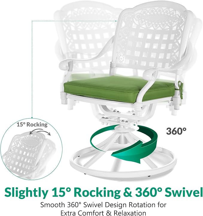 VIVIJASON 3-Piece Patio Bistro Set, Outdoor All-Weather Cast Aluminum Furniture Dining Set, Include 2 Swivel Rocker Chairs and 31" Round Table w/Umbrella Hole for Balcony, Lawn, Garden, White