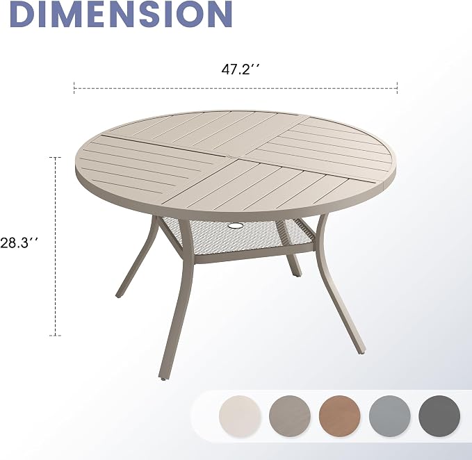 VICLLAX 47.2" Round Outdoor Table, Patio Dining Table for 6 with Umbrella Hole for Garden Lawn Deck Backyard, Sandshell