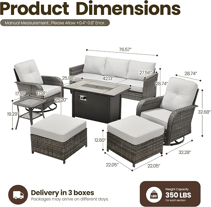 7 Piece Patio Furniture Set with Firepit Swivel Chair, Gray | High Back Swivel Rocker Chairs, Deep Seat Sofa Ottoman, Fire Pit Table, Outdoor Conversation Sets for Porch Deck Backyard
