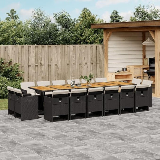 17-Piece Patio Dining Set with Cushions Black PE Rattan Outdoor Furniture Set for Garden Backyard Balcony Compact Storage & Durable Acacia Table