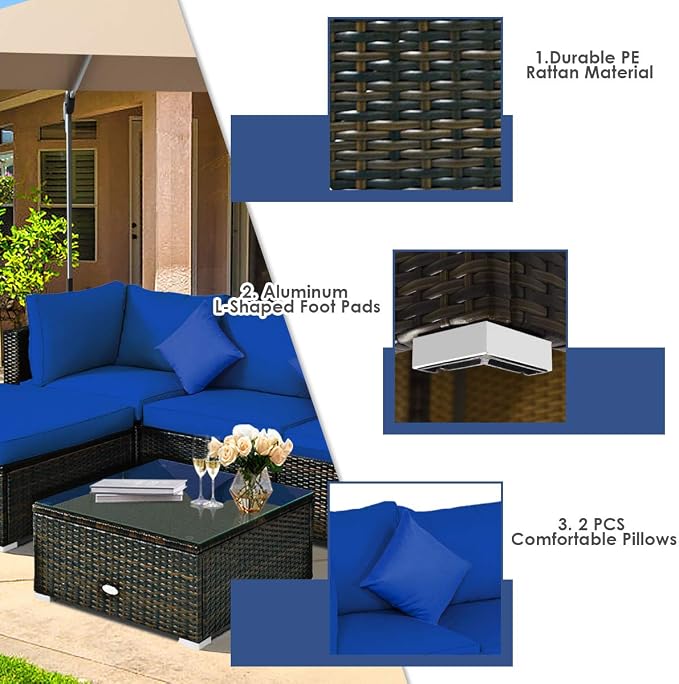 HAPPYGRILL 5 Pieces Patio Conversation Set, Outdoor Rattan Wicker Furniture Set, Sectional Sofa Ottoman Set with Coffee Table, Cushion, Pillow for Garden Lawn Balcony Backyard