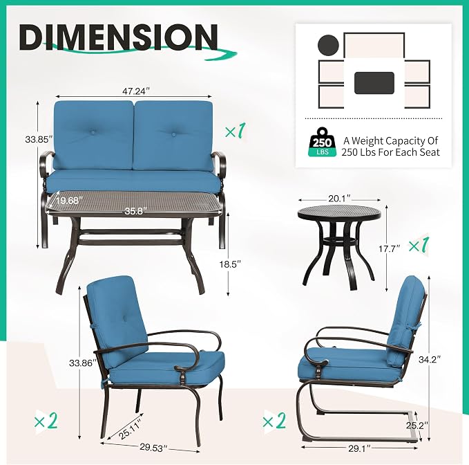Incbruce 7 Pcs(6 Seats) Wrought Iron Patio Conversation Sets (1 Loveseat, 2 Table, 2 Spring Chair, 2 Dining Chairs), Outdoor Metal Furniture Sets with Peacock Blue Cushion