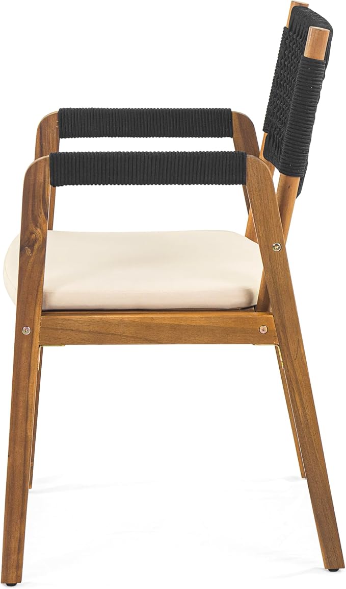 Christopher Knight Home Sky Acacia Wood Dining Table Set for 6, 7 Piece Patio Extendable Dining Table and Dining Chairs Set of 6 with Cushions & Rope Accents, Patio Furniture Set, Teak+Beige+Black