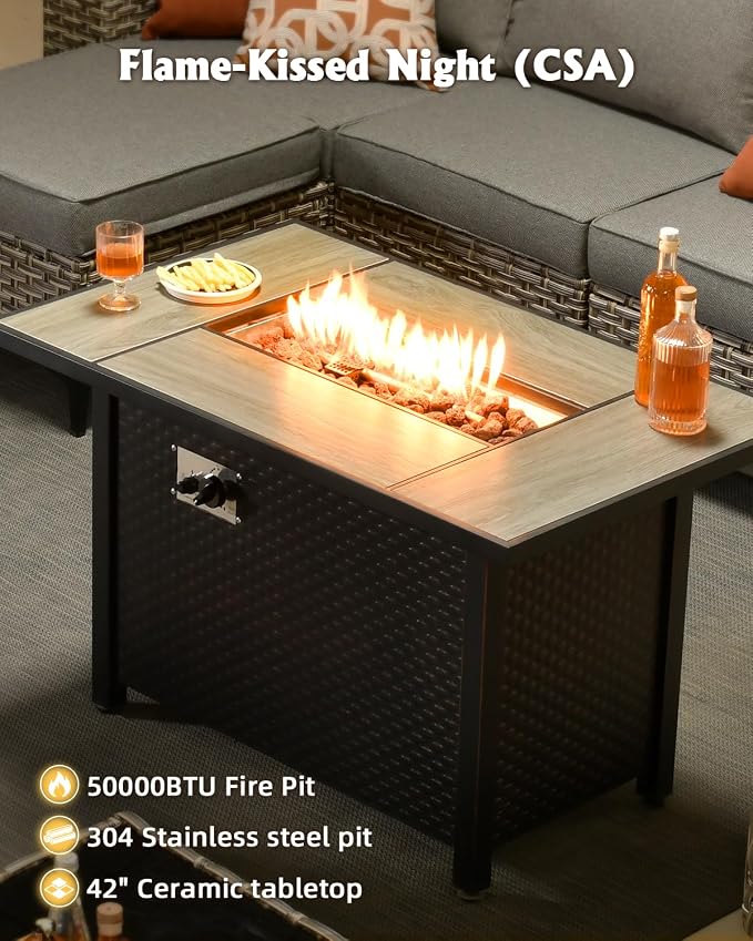 Outdoor Sectional Patio Furniture Set with Fire Pit Table,8 Pieces Wicker Conversation Sets L Shaped Couch,Extra Deep Out Door Sofa Outside Furniture with Swivel Chairs,Dark Gray