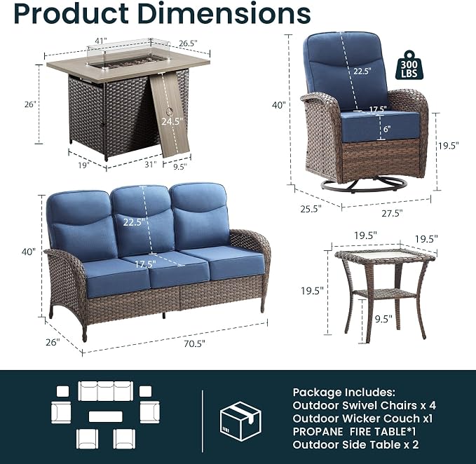 High Back Luxury Patio Furniture Set with 41"Fire Pit Table, 6-Inch Cushion Swivel Rocker Patio Chairs Set of 4 with Outdoor Couch, 8 Piece Wicker Conversation Set for Deck Yard Garden Balcony