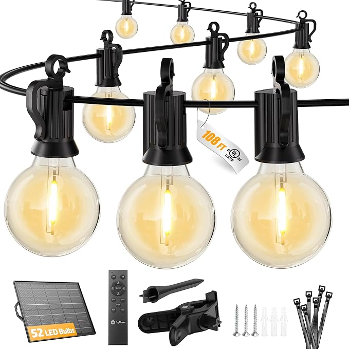 Brightown 108FT 52LED Solar String Lights Outdoor with Remote & USB Port | Shatterproof Bulbs, Dimmable & Timable, 3 Modes, Patio Lights Solar Powered with a Mount Clip for Camping Backyard Garden
