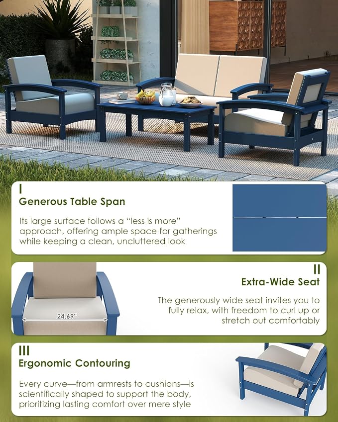 GREENVINES Deluxe 4-Piece Patio Furniture Set | HDPE Plastic | Outdoor Sectional Conversation Sets | All-Weather Couch | Sofa with Coffee Table | Black Frame w/Beige Cushion | for Porch Lawn | Blue