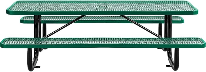 Global Industrial 8’L Rectangular Picnic Table, Expanded Metal, Green Thermoplastic Coating, Attached Benches, 1-1/2” Umbrella Pole Hole, Outdoor-Rated, 1000 lb Capacity, 96” x 30” Tabletop