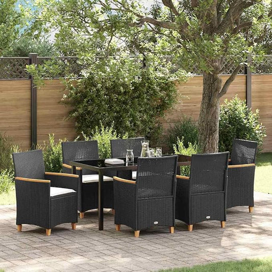 7 Piece Outdoor Dining Set, Black Poly Rattan Patio Furniture with Glass Tabletop, Rust Resistant Garden Seating for 6, Modern Terrace Backyard Table and Chair Group