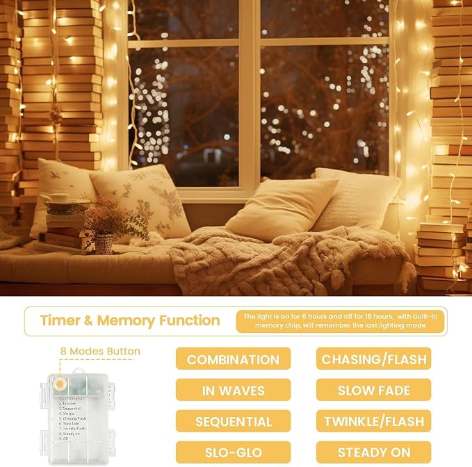 2 Pack 100 LED Battery Operated String Lights, 8 Modes Twinkle Fairy Lights | 33FT Warm White Christmas Lights Indoor Outdoor, Waterproof Battery Lights for Bedroom Party Porch Tree Holiday Decorations