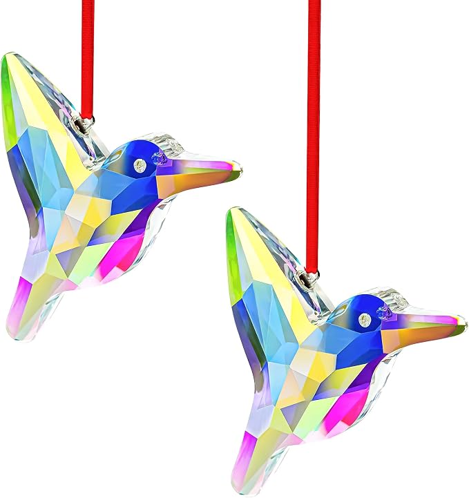 2 Pcs 3 Inch AB Coating Crystal Hummingbird Suncatcher Hanging Window Decor | AB Colored Crystal Glass Hummingbird Prisms Sun Catchers Hanging Pendants Set of 2 for Window Garden Christmas Tree Decor