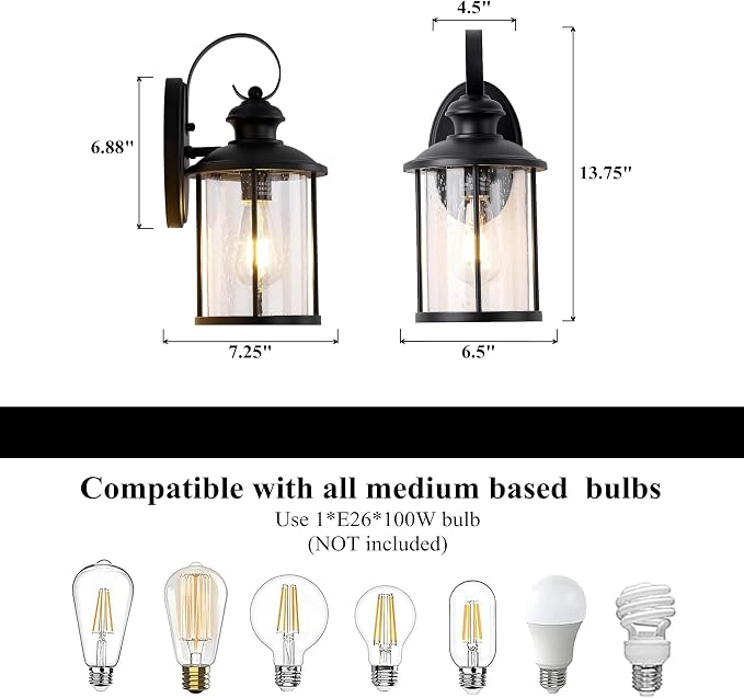 MICSIU 13.75" Matte Black Farmhouse Outdoor Wall 1 Pack | Clear Seedy Glass, Anti-Rust, Outside Porch Light For House, Porch, Garage, Front Door