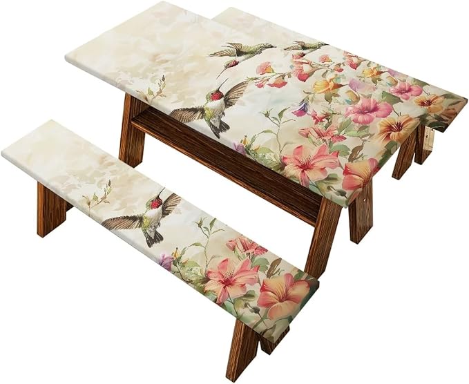 Hummingbird Picnic Table Cover with Bench Covers Elastic Fitted Water Resistant Windproof Tablecloth with Storage Bag - 94x30 Inches 3Pcs Set Patio Table Cover for Outdoor Camping Garden