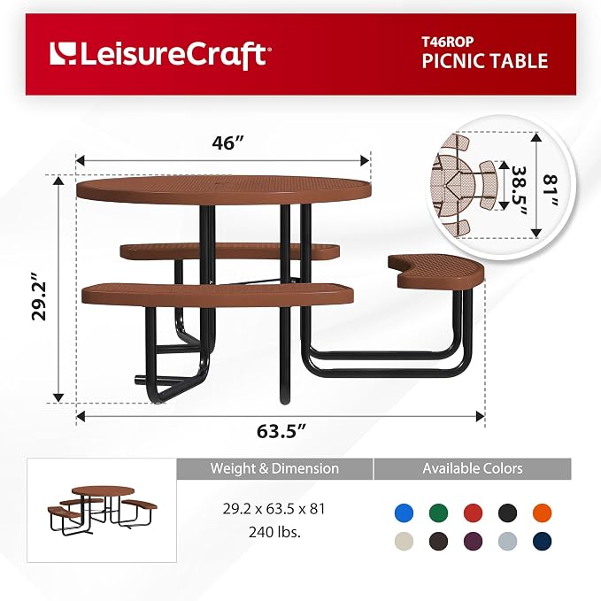 Leisure Craft Metal Picnic Table with Bench - 46" Round Outdoor Dining Table with Umbrella Hole, Heavy Duty Thermoplastic Coating, ADA Compliant, Commercial Grade Furniture Made in USA - Brown