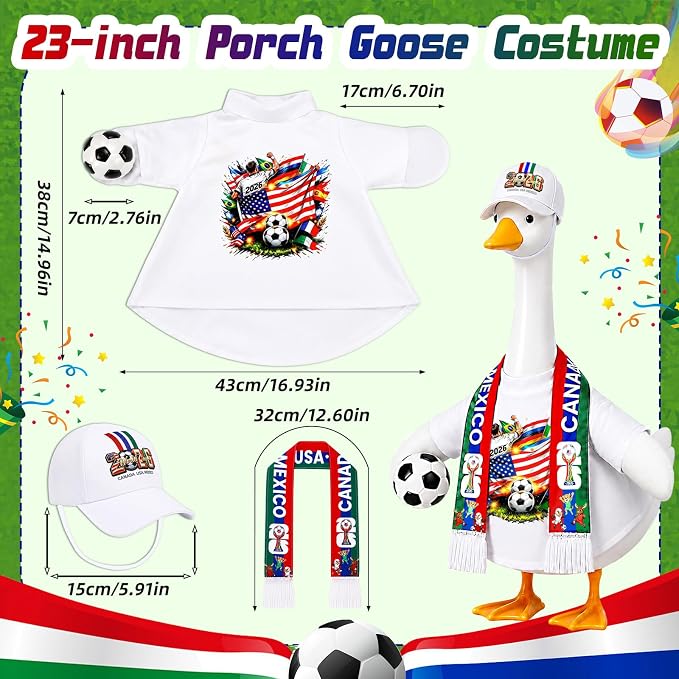 2026 World Soccer Goose Outfit for 23 Inch Porch Statue – Triple Nation Flag Design with Soccer Ball for American Fans, Soccer Party, Sport Season Decor – Outdoor Patio Yard Lawn Art