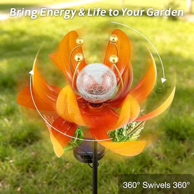 AIINY Outdoor Solar Lights Garden Decor,Wind Spinner Yard Decorations for Outside, Lotus Garden Windmill with LED Cracked Crystal Waterproof Flower Sculpture for Patio Lawn Gardening Gifts