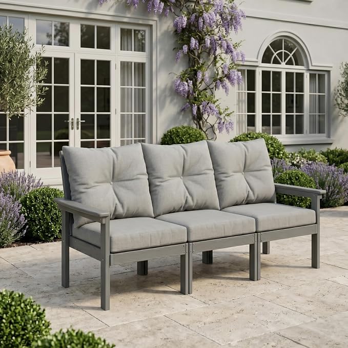 HDPE 4 Piece Patio Furniture Set, All-Weather Outdoor Couch with Thick Cushions & Coffee Table, Patio Conversation Sets for Lawn, Garden, Porch, Balcony, Deck, Poolside, Grey Frame Grey Cushion
