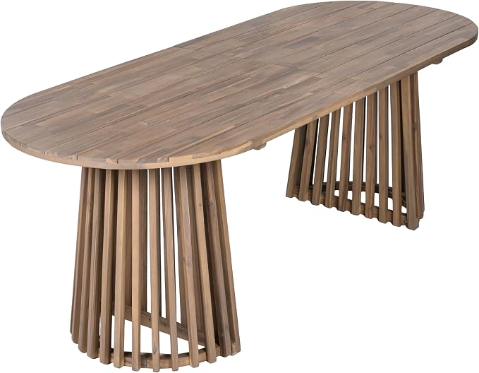 GDFStudio 83" Oval Dining Table with Racetrack Top, Outdoor Acacia Wood Dining Table for 6-8, Large Garden Dining Furniture, Slatted Pedestal Outdoor Furniture, Light Brown