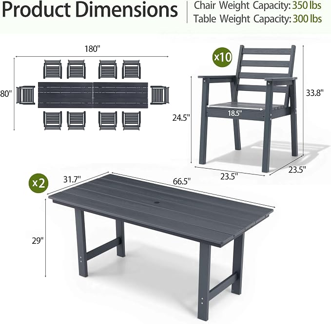 12-Piece Outdoor Dining Set, All-Weather HDPE Patio Furniture, Two 66.5" Slatted Table with 1.6" Umbrella Hole & 10 Ergonomic Armchairs, Heavy Duty 350lbs Capacity, UV Resistant, Gray
