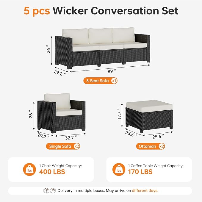 LazySunsets 5-Piece Outdoor Patio Furniture Set, Rattan Outdoor Sectional with Thick Waterproof Cushions, Wicker Ottomans & Waterproof Cover, Patio Conversation Set for Garden, Backyard, Beige
